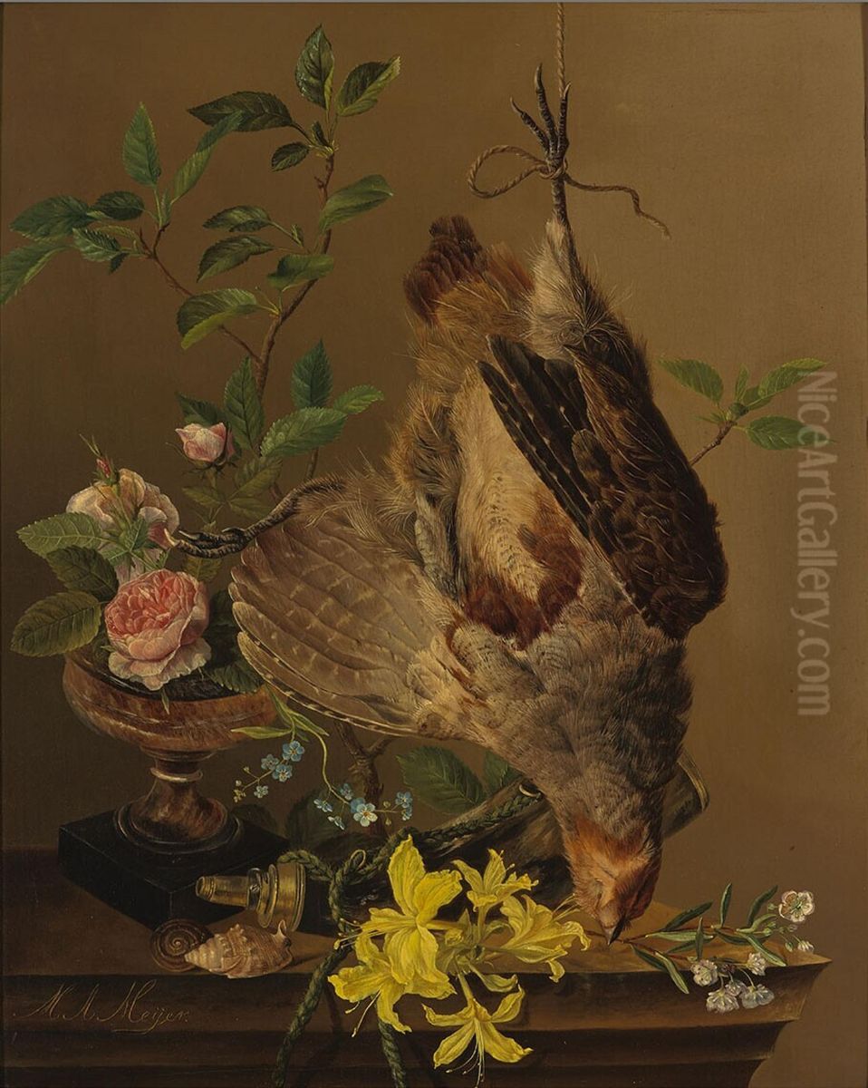 Still Life with Partridge and Flowers Oil Painting by Mariane Antoinette Meijer