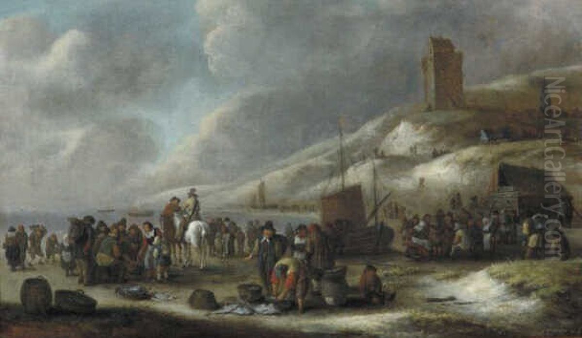 Standgezicht bij Scheveningen, met vissersvolk Oil Painting by Nicolaes Molenaer