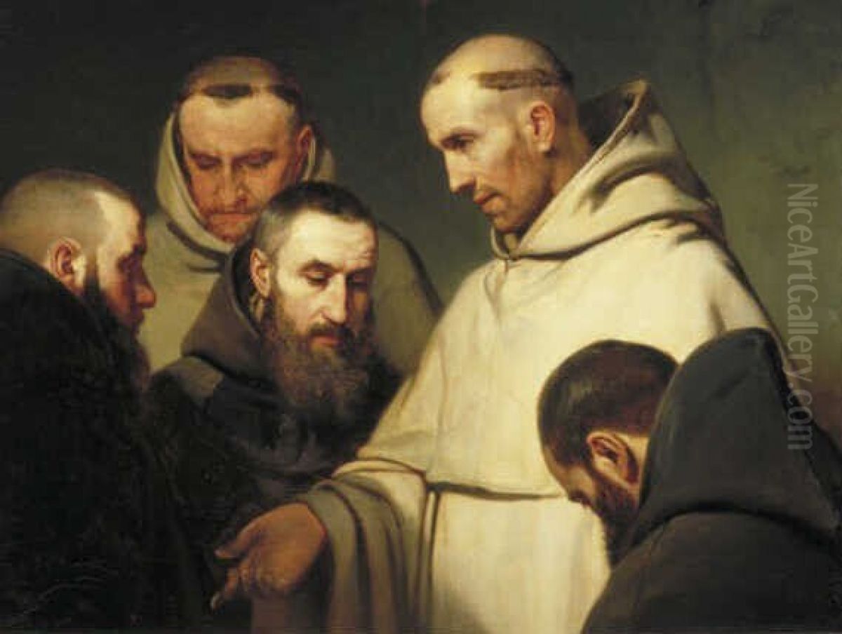 Vijf monniken in godsdienstige gedachtenwisseling Oil Painting by Willem Hendrik Schmidt