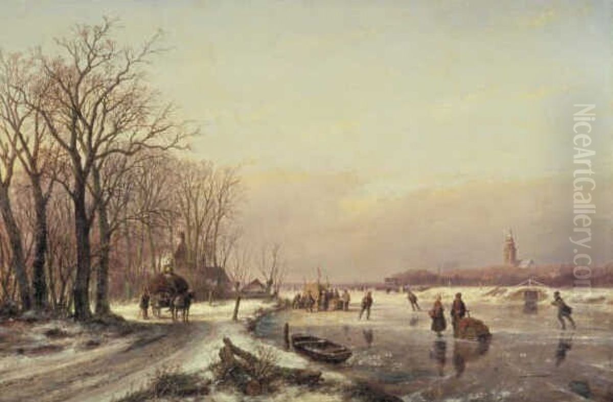 Winterlandschap met boerenkar en schaatsenrijders Oil Painting by Andreas Schelfhout