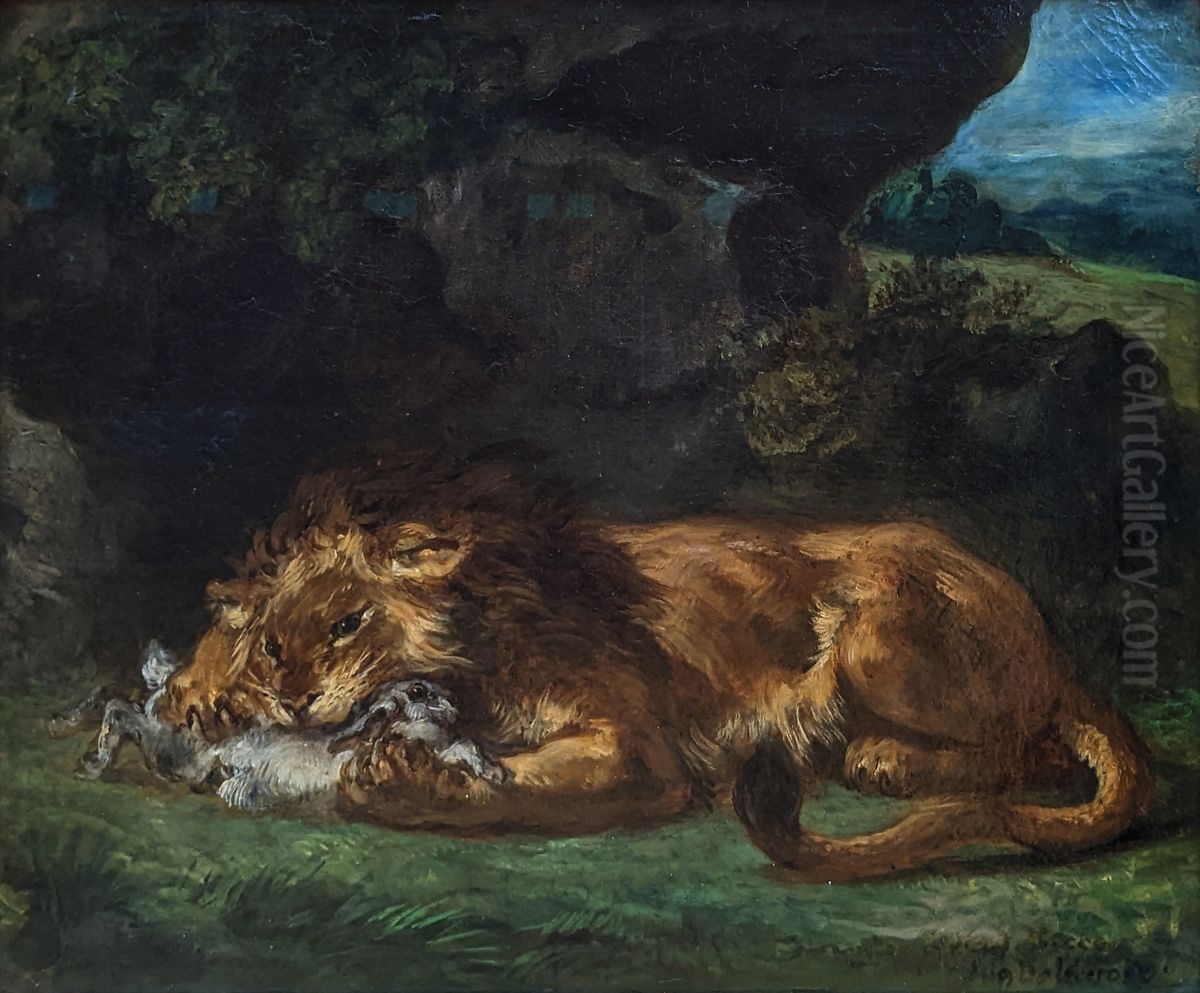 Lion devorant un lapin Oil Painting by Eugene Delacroix