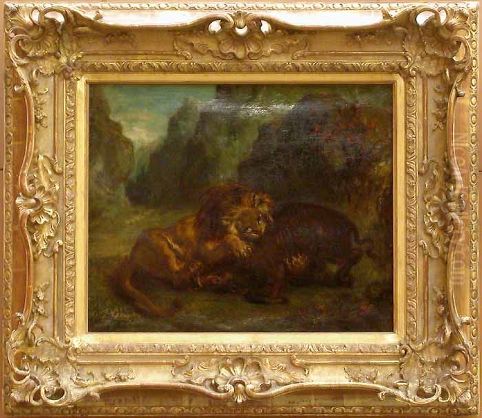 Lion et sanglier Oil Painting by Eugene Delacroix