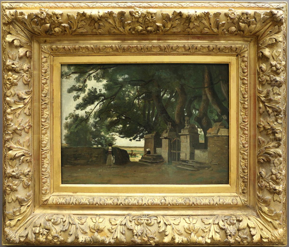 Breton landscape. A gate shaded by tall trees Oil Painting by Jean-Baptiste Camille Corot