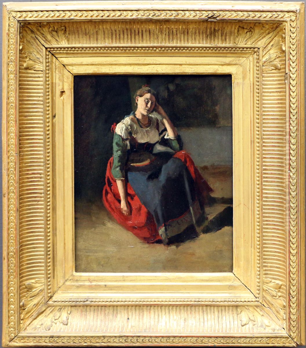 Italienne assise, accoudee sur son genou. Oil Painting by Jean-Baptiste Camille Corot