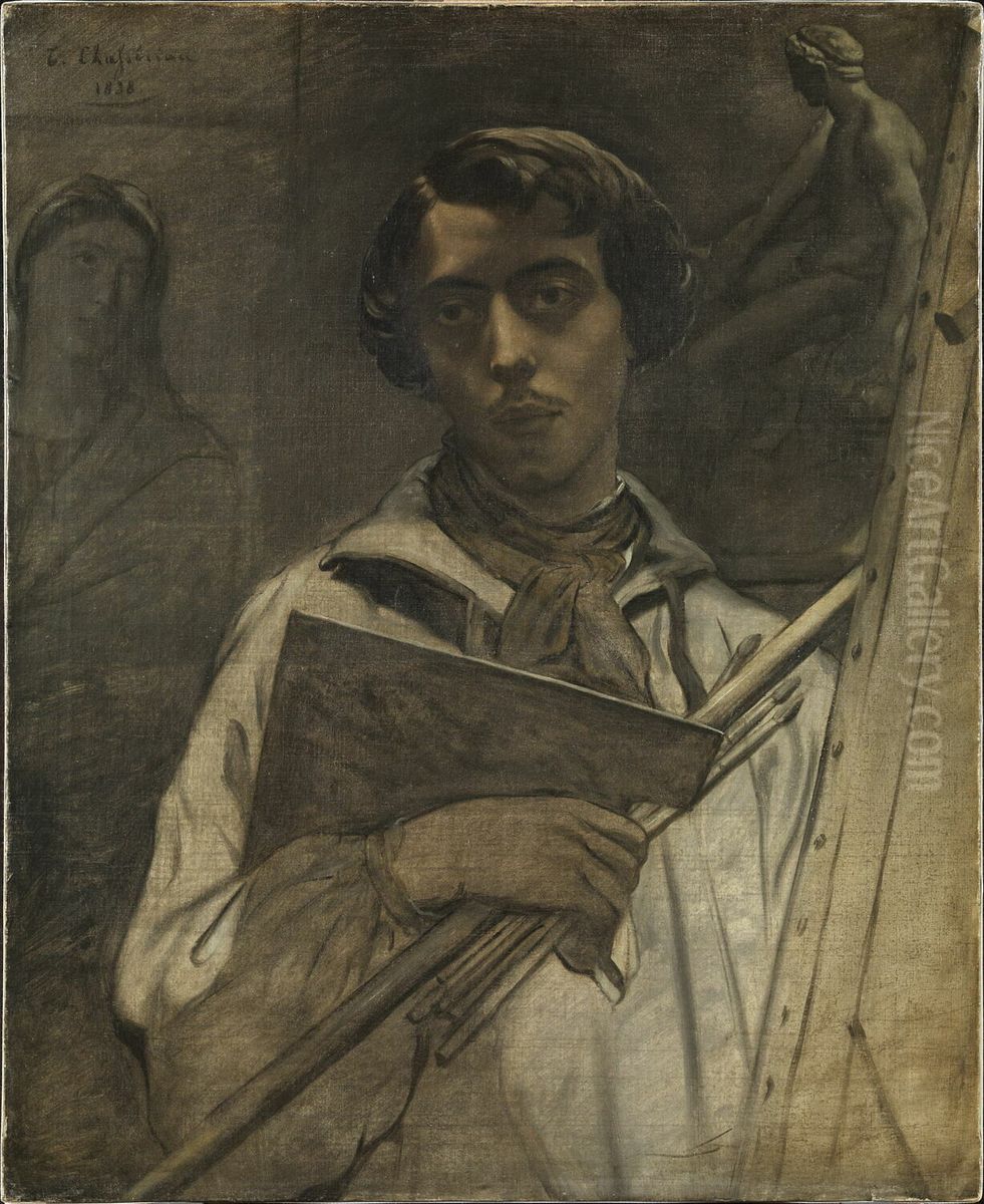 Portrait de l'artiste tenant une palette. Oil Painting by Theodore Chasseriau