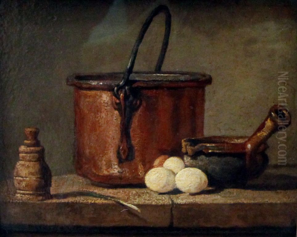 Ustensiles de cuisine, chaudron, poelon et oeufs Oil Painting by Jean-Baptiste-Simeon Chardin
