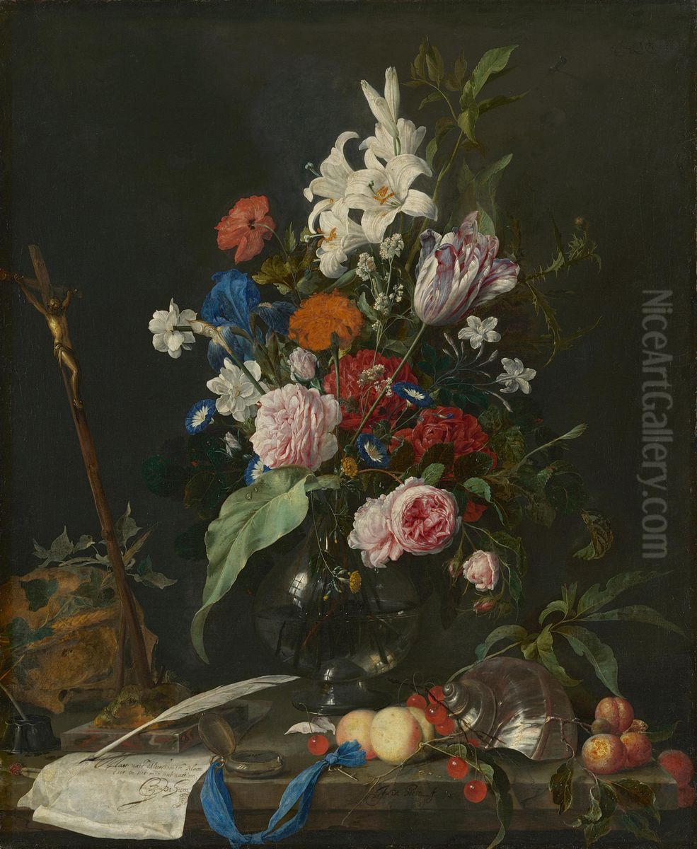 Flower still-life with a skull and crucifix Oil Painting by Jan Davidsz. De Heem