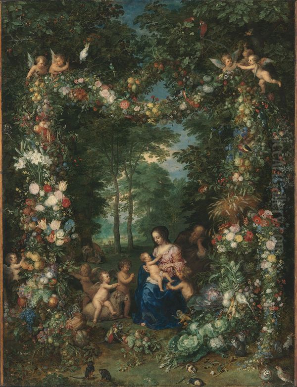 Holy family with a garland of flowers and fruits Oil Painting by Jan Brughel