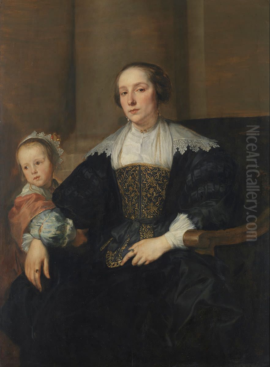 Portrait of Anna van Thielen, wife of the painter Theodor Rombouts with their daughter Anna Maria Oil Painting by Sir Anthony Van Dyck