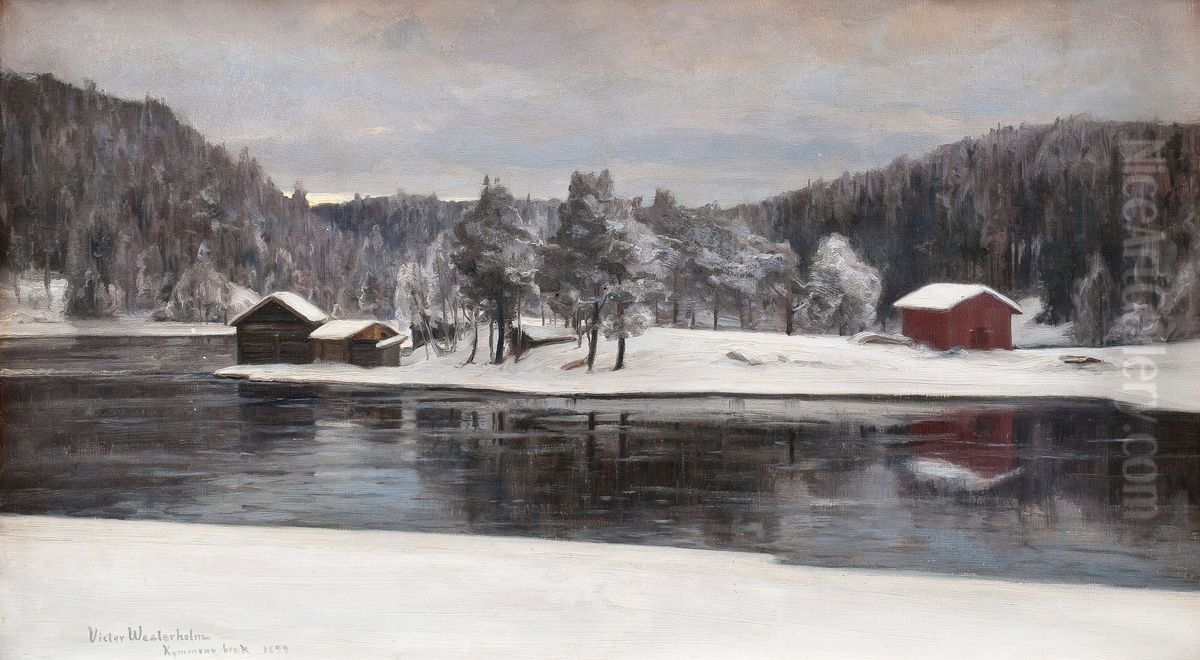 Vinterlandskap fran Kymmene bruk Oil Painting by Victor Westerholm