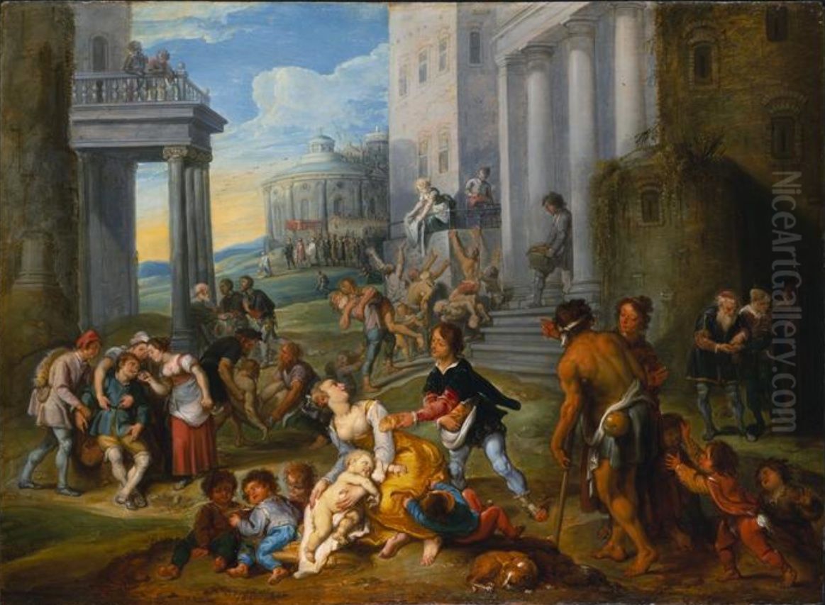 Die Sieben Werke der Barmherzigkeit Oil Painting by Simon de Vos