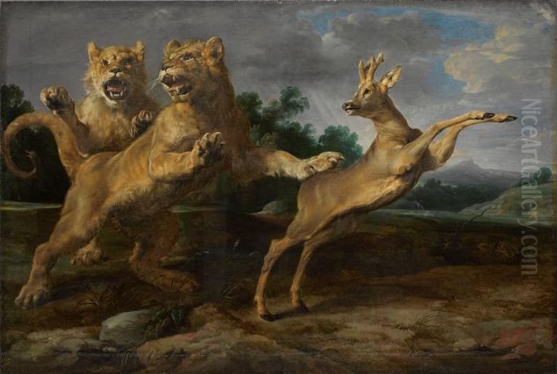 Two young lions chasing a roe Oil Painting by Frans Snyders