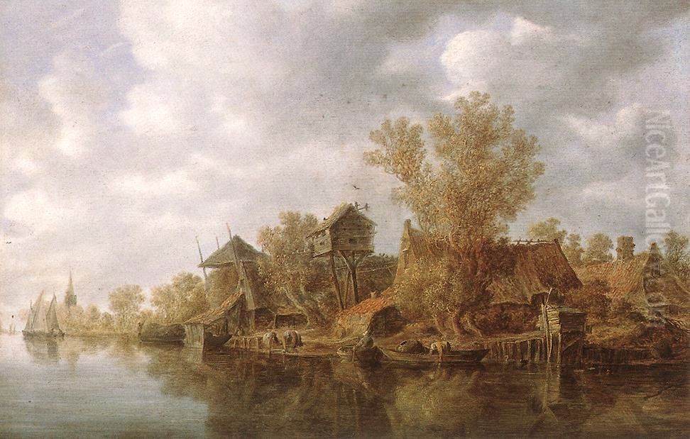 Village at the River Oil Painting by Jan van Goyen