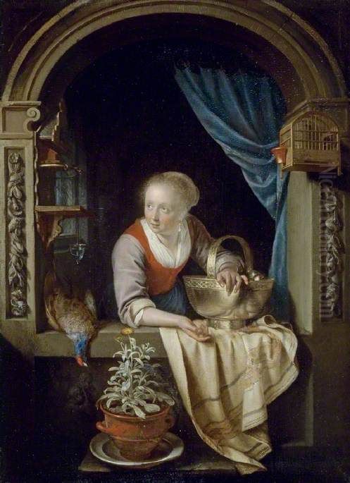 Woman at a Window with a Copper Bowl of Apples and a Cock Pheasant Oil Painting by Gerrit Dou