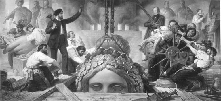 Das Personal ist beschaftigt, das kolossale Haupt der Bavaria aus der Gussgrube emporzuwinden Oil Painting by Wilhelm von Kaulbach