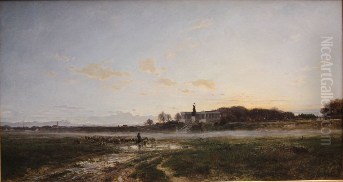 Die Theresienwiese mit der Bavaria bei Abendlicht Oil Painting by Adolf Heinrich Lier