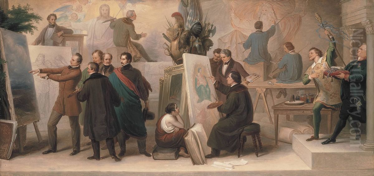 Die von Konig Ludwig I. zur Ausfuhrung seiner Ideen berufenen Kunstler im Fach der Historien-, Schlachten-, Landschafts- und Genremalerei Oil Painting by Wilhelm von Kaulbach
