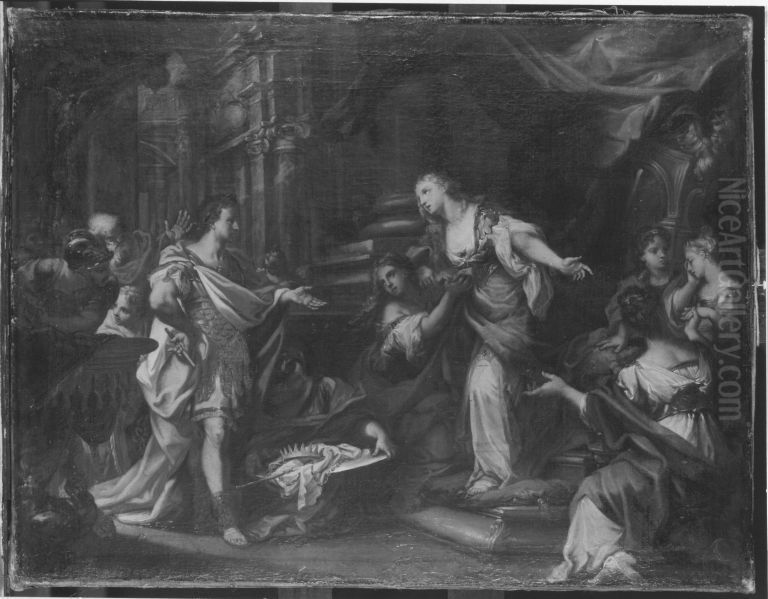 Cleopatra ubergibt Augustus Krone uund Szepter Oil Painting by Sebastiano Conca