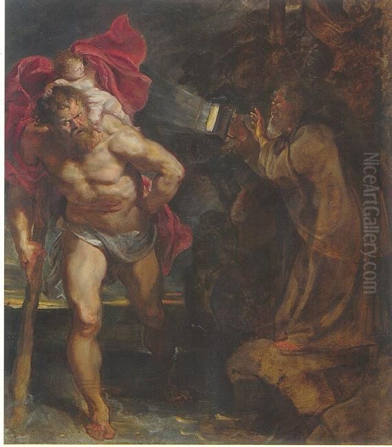 Saint Christopher and the hermit Oil Painting by (studio of) Rubens, Peter Paul