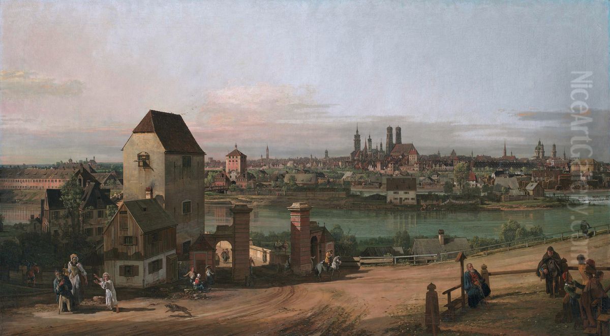 Ansicht vonMunchen, Das Bruckentor und dieIsar, Munchen vonHeidhausenaus gesehen Oil Painting by Bernardo Bellotto