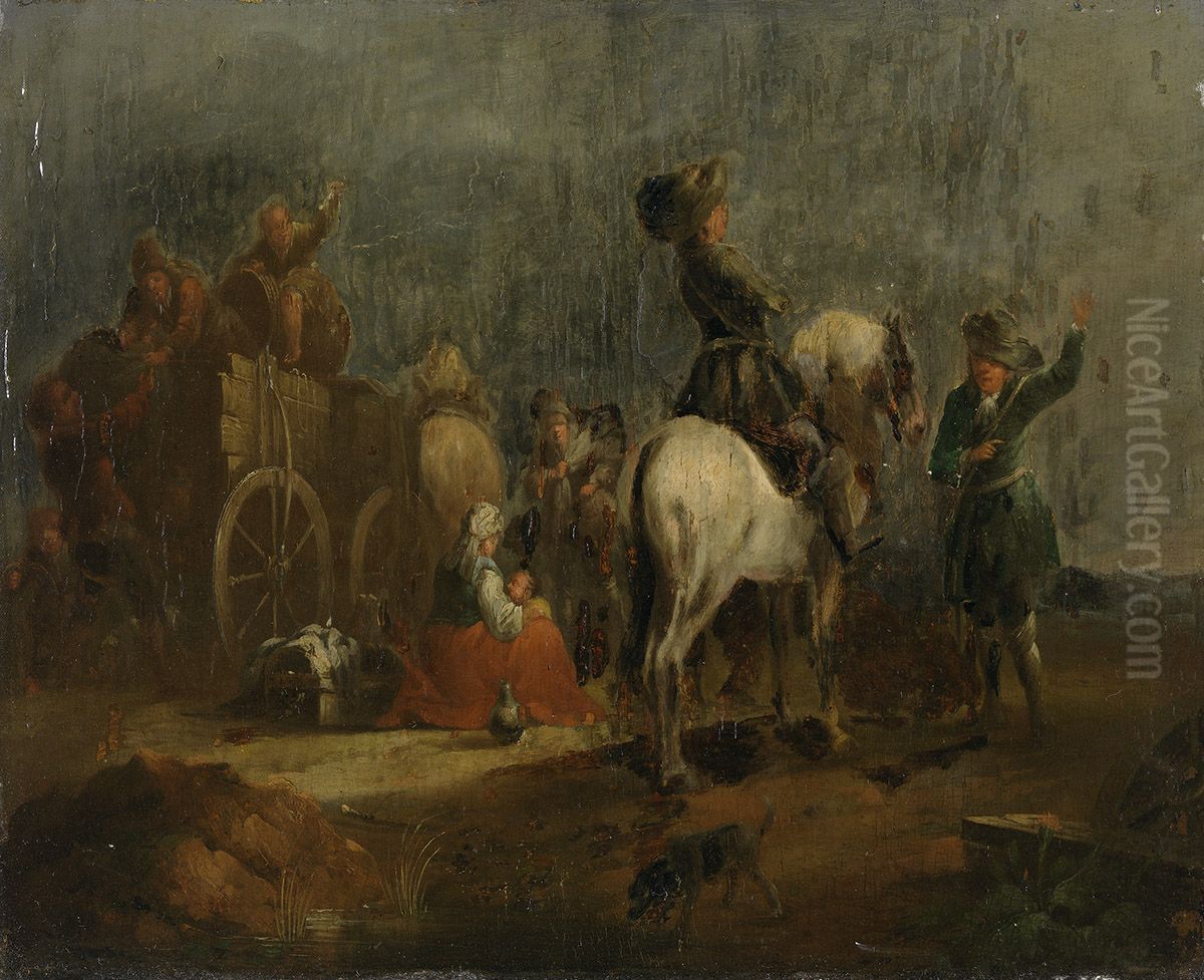Fahrendes Volk mit Reiter bei der Rast Oil Painting by August Querfurt