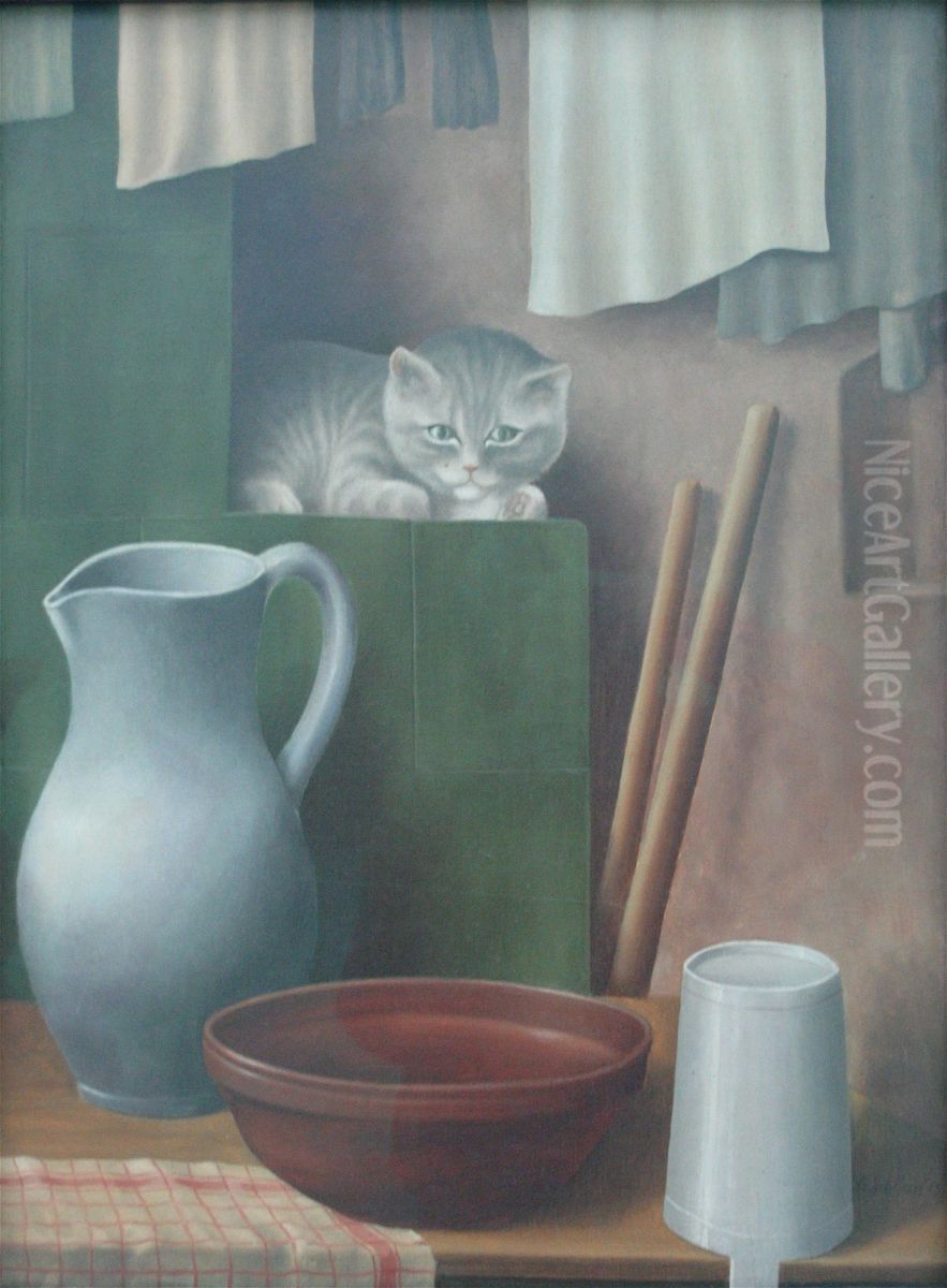 Stillleben mit Katze Oil Painting by Georg Schrimpf