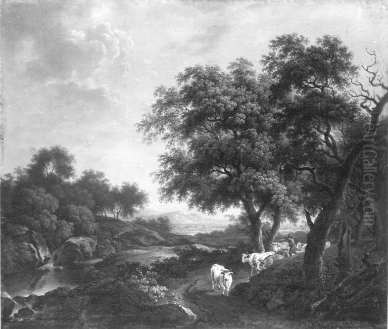 Landschaft mit Hirt und Rindern auf einem Weg unter Baumen Oil Painting by Ferdinand Kobell
