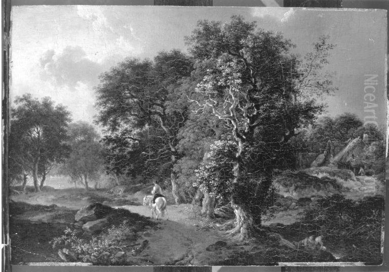 Landschaft mit Reiter auf einem Weg mit Eichen Oil Painting by Ferdinand Kobell