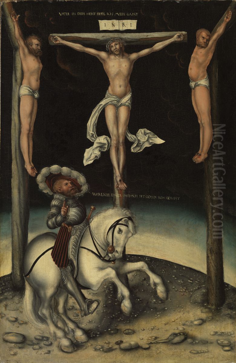 The centurion Longinus among the crosses of Christ and the two thieves / The Converted Centurion under the Cross Oil Painting by Lucas Cranach the Elder