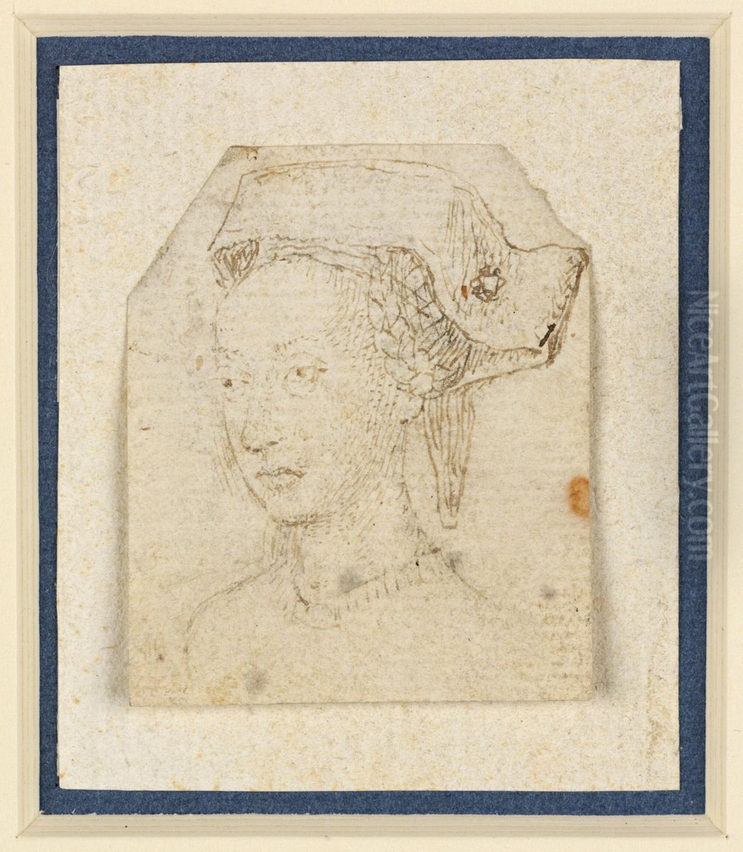 Female Head with Braided Hair and a Flat Hat Turned Three-Quarters to the Left Oil Painting by Hugo Van Der Goes