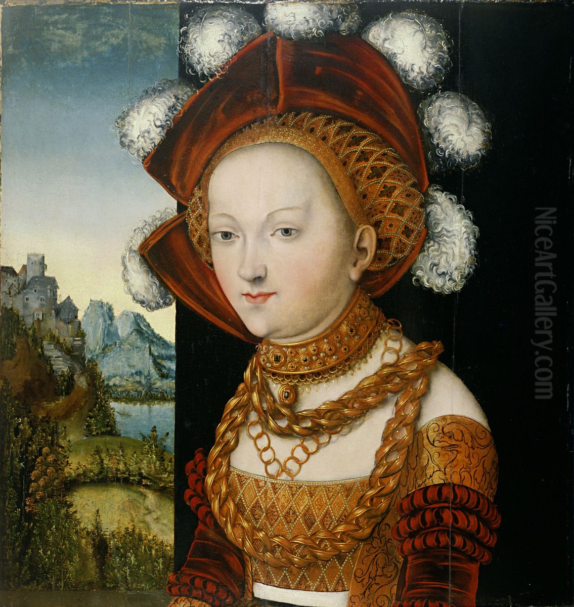 A finely dressed young Lady / Portrait of a Young Woman Oil Painting by Lucas Cranach the Elderand workshop