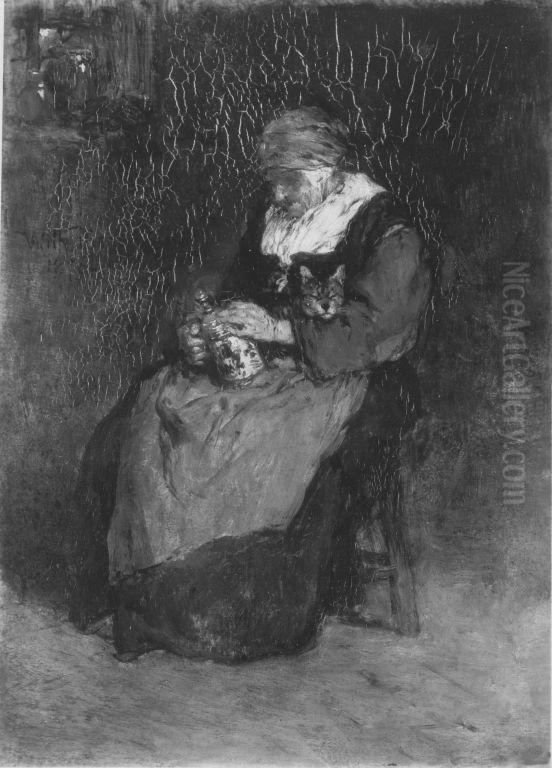 Alte Frau mit Katze und Bierkrug Oil Painting by Wilhelm Von Diez