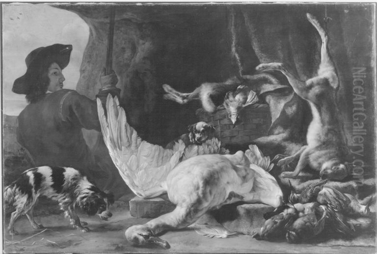 Jagdbeutestillleben mit Jager und zwei Hunden Oil Painting by Jan Baptist Weenix