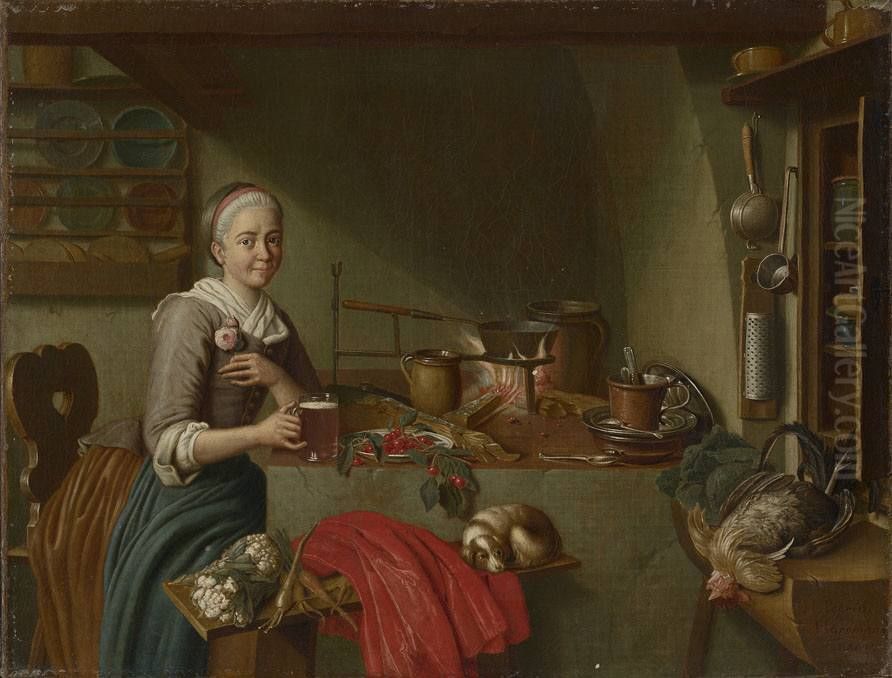 Kucheninterieur mit Biertrinkerin Oil Painting by Peter Jacob Horemans