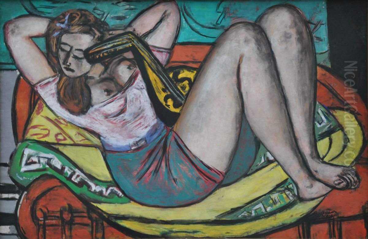 Woman with mandolin in yellow and red Oil Painting by Max Beckmann