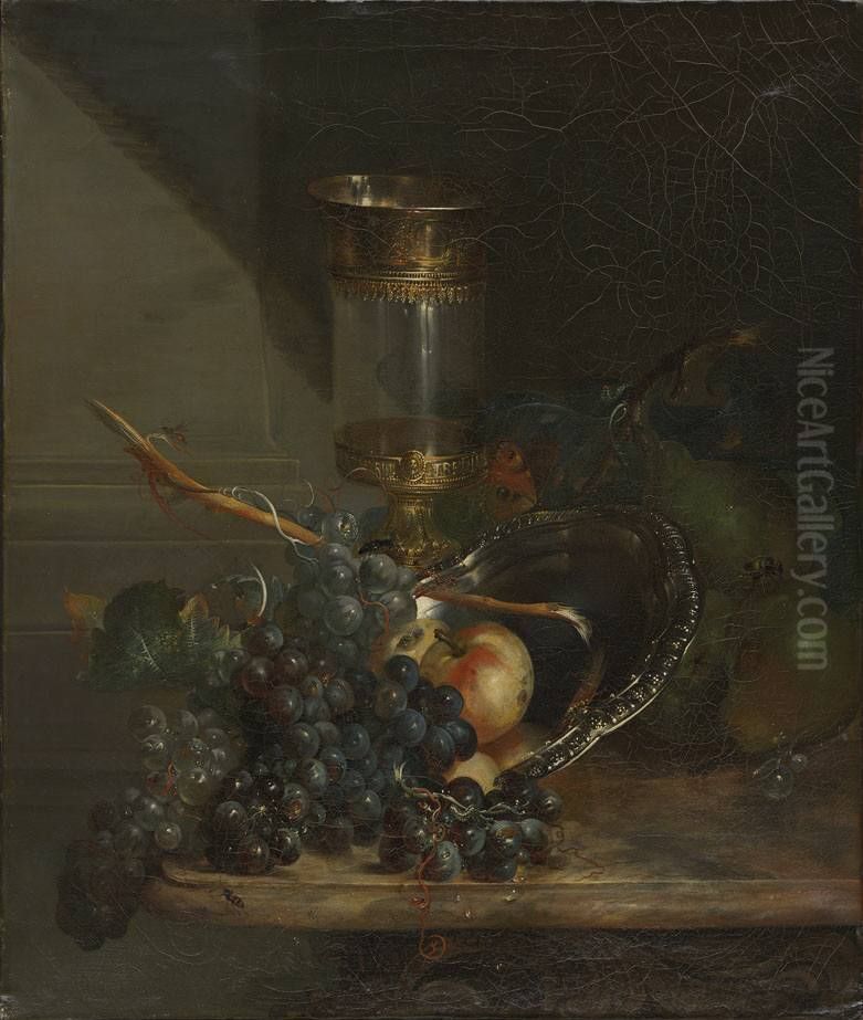 Still life with glass goblet and grapes on a marble table Oil Painting by Catharina Treu