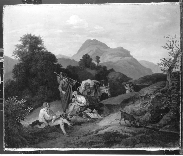 Landschaft bei Civitella mit ruhenden Wanderern (Rastendes Volk in den Bergen) Oil Painting by Ludwig Richter