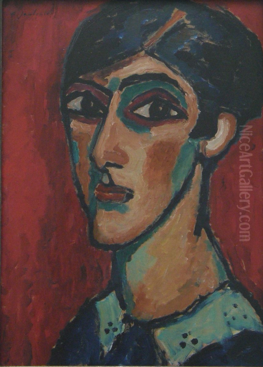 Grosser Frauenkopf auf Rot Oil Painting by Alexei Jawlensky