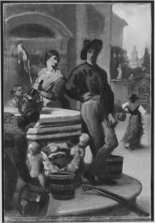 Gruppe von Menschen am Brunnen Oil Painting by Ludwig Thiersch
