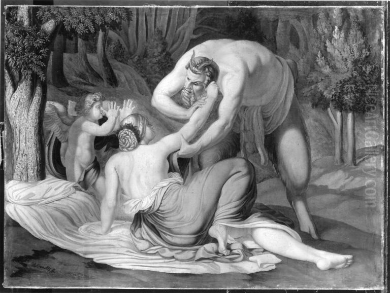 Satyr, Nymphe und Amor Oil Painting by Bonaventura Genelli