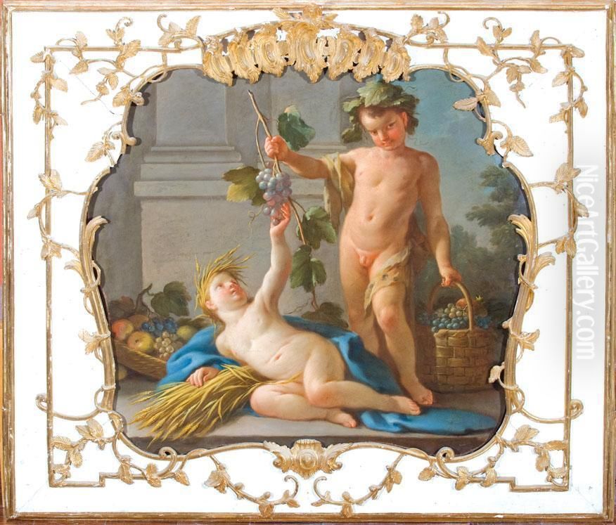 Due Putti, Uno In Veste Di Bacco, Presso Un Colonnato Con Uncesto E Tralci D