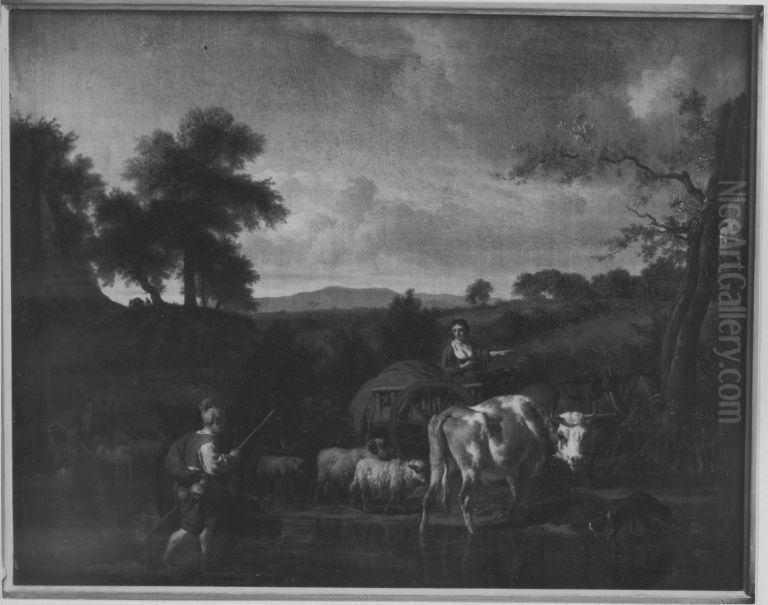 Landscape with shepherds and cattle at a ford Oil Painting by Adriaen Van De Velde