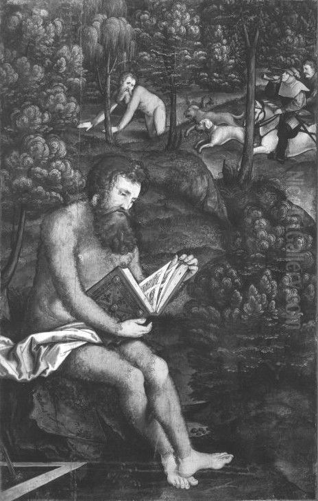 Hl. Johannes Chrysostomos Ruckseite: Fall Christi unter dem Kreuz Oil Painting by Hans Leonhard Schaufelein