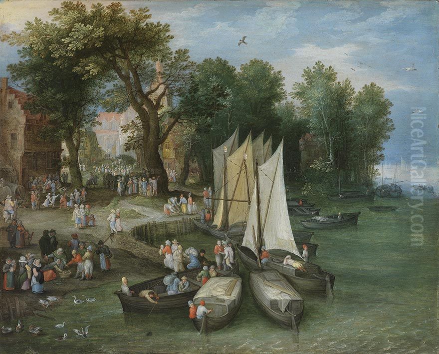 River Scene with Boats Oil Painting by Jan Brughel