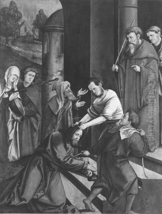 Fall Christi vor dem Palast des Pilatus (abgespaltene Ruckseite von WAF 923) Oil Painting by Hans Leonhard Schaufelein