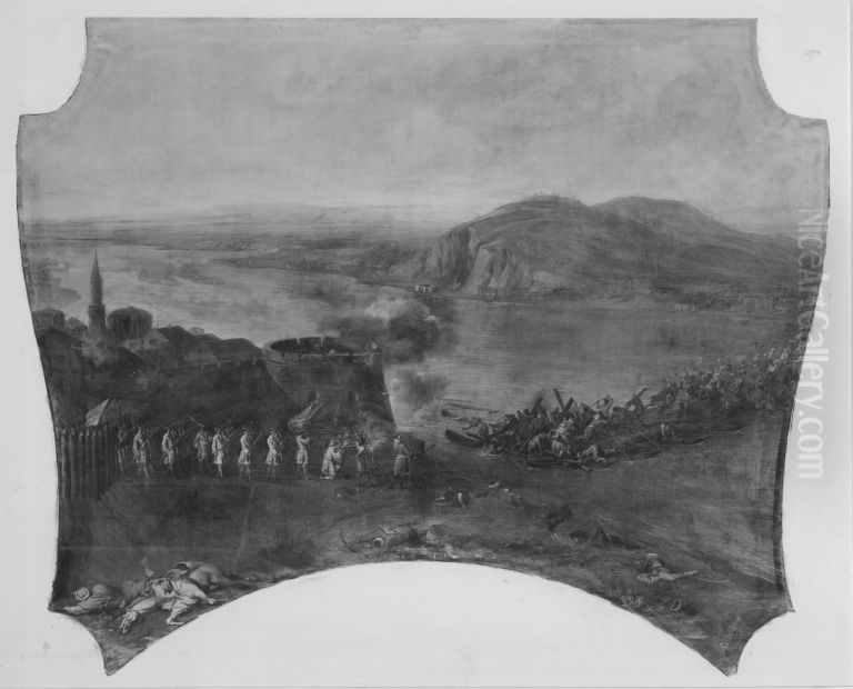 Die zerstorte Donaubrucke bei Pest 1684 Oil Painting by Franz Joachim Beich