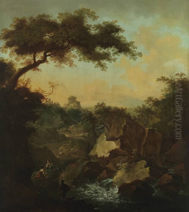 Gebirgslandschaft (Passstrasse bei einem Wasserfall) Oil Painting by Ferdinand Kobell