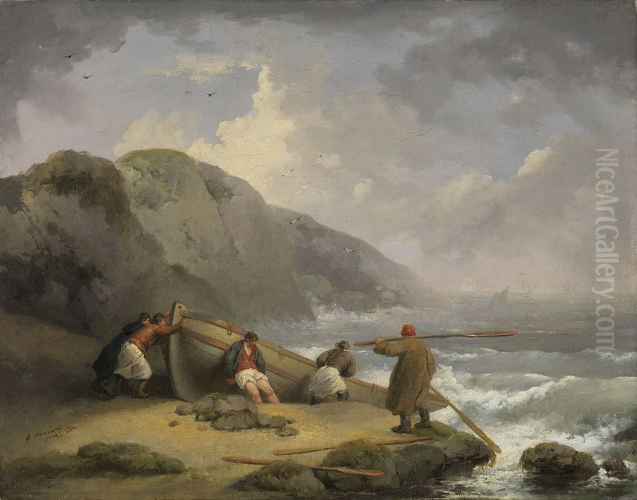 Fischer, eine Barke ins Wasser schiebend Oil Painting by George Morland