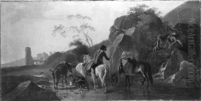 Reiter in einer Furt (Der Abend) Oil Painting by Ferdinand Kobell