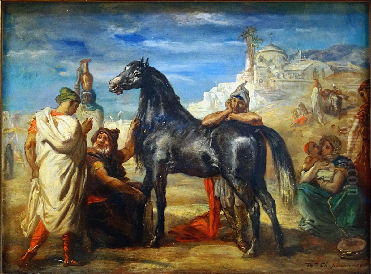 Arabian trader presenting a mare Oil Painting by Theodore Chasseriau